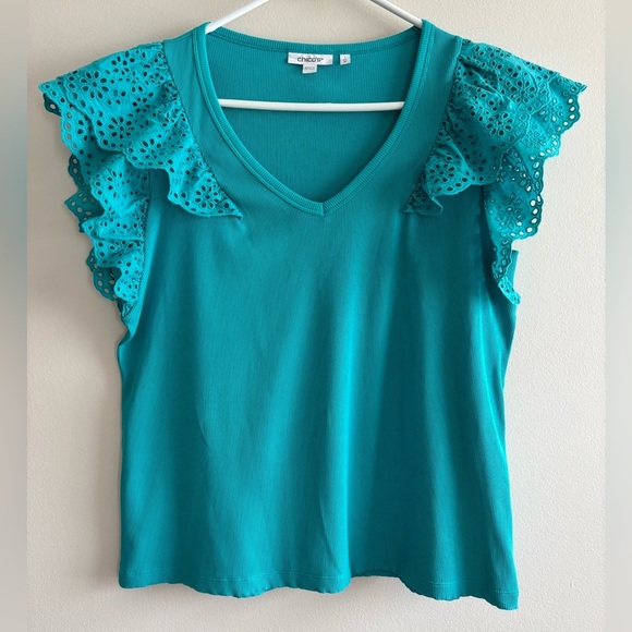 Chico’s Ribbed Eyelet Flutter Sleeve Tee Turquoise size M-L - Picture 2 of 11
